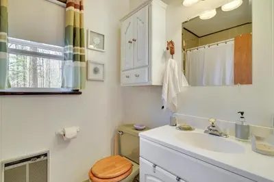 a bathroom with a toilet and a sink and a mirror at Cozy Pocono Lake Cottage with Fire Pit and Ping Pong! in Pocono Lake