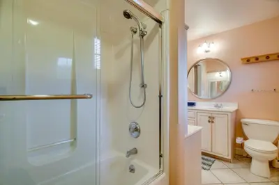 a bathroom with a shower and a toilet at Lancaster Vacation Rental Near Dutch Wonderland! in Lancaster