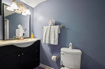 a bathroom with a sink and a toilet and a mirror at Tannersville Tranquility in Tannersville