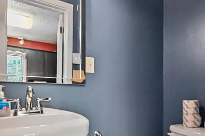 a bathroom with a sink and a mirror and a toilet at Tannersville Tranquility in Tannersville