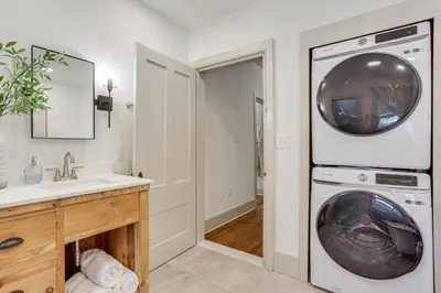 a laundry room with a washer and dryer at Hot Tub and Lake Access at Poconos Getaway! in Lake Ariel