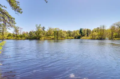 a view of a river with trees in the background at Swim Dock and Game Room Lakefront Poconos Cabin! in Long Pond