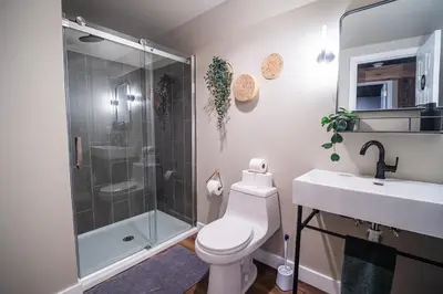 a bathroom with a shower and a toilet and a sink at 2 Houses, 22+Guests, 2 Hot Tubs, Renovated, Events Welcome! in Hawley