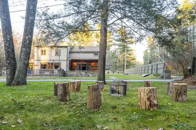 a group of tree stumps in the grass in front of a house at 2 Houses, 22+Guests, 2 Hot Tubs, Renovated, Events Welcome! in Hawley