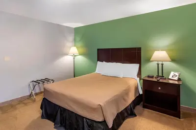 a bedroom with a bed and a green wall at The Riverstone Inn in Towanda