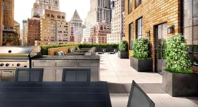 a rooftop patio with tables and chairs in a city at FiDi Studio w Gym Lounge Complete Gym NYC-499 in New York