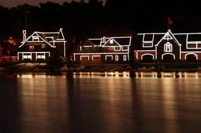a group of houses are lit up at night at Full bed studio near Temple and Center city Philadelphia in Philadelphia