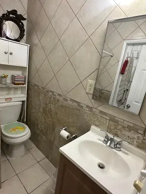 a bathroom with a sink and a toilet and a mirror at Full bed studio near Temple and Center city Philadelphia in Philadelphia