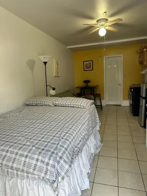 a bedroom with a bed and a ceiling fan at Full bed studio near Temple and Center city Philadelphia in Philadelphia