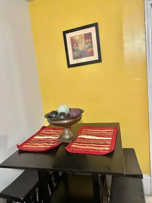 a table with two red mats on top of it at Full bed studio near Temple and Center city Philadelphia in Philadelphia