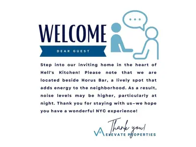 a welcome card with a picture of a family at Elevate Apartment at Times Square - Cozy Studio in Times Square and Nearby Restaurants in New York