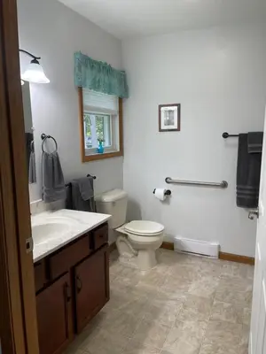 a bathroom with a white toilet and a sink at Falls Edge Farm Cottage in Benton