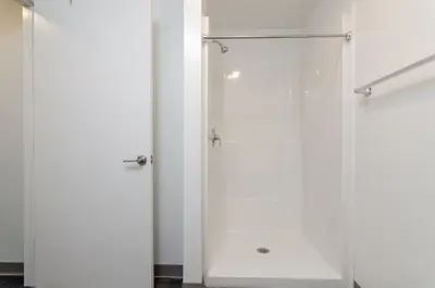 a bathroom with a shower and a glass door at Grand Monarch! Best for Extended Stays! in Johnson City