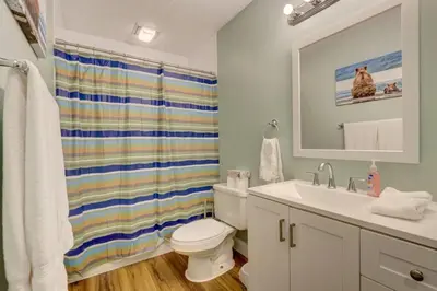 a bathroom with a toilet and a sink and a shower at Cozy Chalet Game Rm and Fireplace in East Stroudsburg