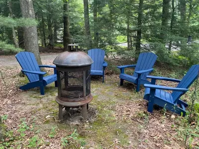 a group of blue chairs and a grill in the woods at Chalet Retreat w/ Hot Tub, Short Walk to Lake & Pool in Jim Thorpe