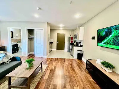 a living room with a couch and a tv on a wall at 402 Stylish luxe Apt at center city self check-in in Philadelphia