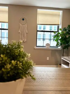 a living room with two potted plants and a window at 407 Sweetest cottage 1bed room Apt in center city in Philadelphia