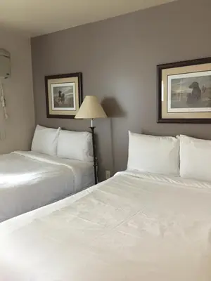 two beds in a hotel room with white sheets at All Suites Inn Budget Host in Lewisburg