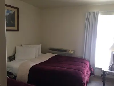 a bedroom with a bed and a window at All Suites Inn Budget Host in Lewisburg