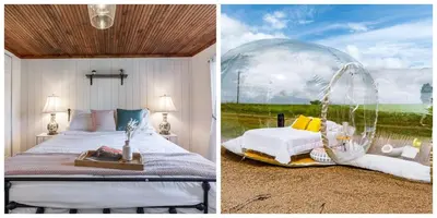 two pictures of a bedroom with a swinging bed at Unique Stay! Ricketts Chic Farmhouse Retreat with Stargazing Bubble Tent in Stillwater