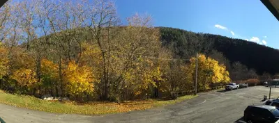 a hill with cars parked on a road with trees at Mahoning Inn in Lehighton