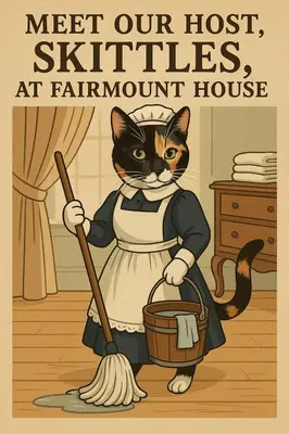 a cat holding a broom and a pot and a pot at Fairmount House Free Street Parking Quiet Spacious in Philadelphia