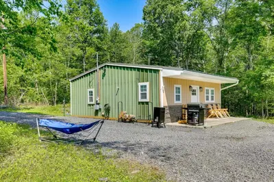 a green tiny house with a hammock in front of it at Secluded Poconos Cabin 75 Acres and Fire Pit! in East Stroudsburg