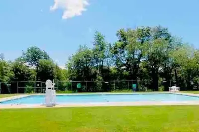 a swimming pool with a fountain in the grass at Pocono Chalet - Hot Tub - Game Room in Albrightsville