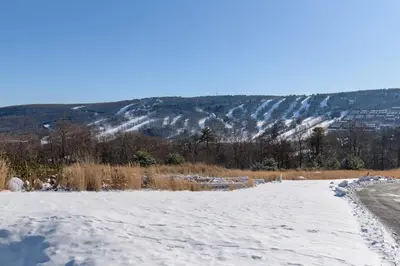 a snow covered road with a mountain in the background at Maple Manor in Tannersville