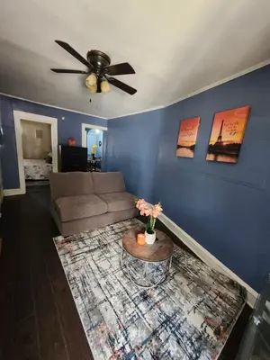 a living room with a couch and a ceiling fan at The Spot in Stonehurst