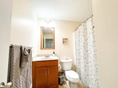 a bathroom with a toilet and a sink and a mirror at Hidden Gem in Philadelphia