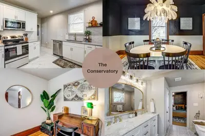a collage of photos of a kitchen and dining room at The Conservatory-20 min to Lanc in Mount Joy