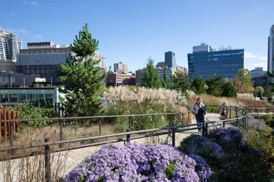 a couple of people walking through a garden with purple flowers at Chelsea 1BR w Balcony Doorman Gym NYC-135 in New York