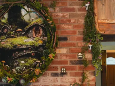 a wreath on a brick wall with a fairy garden at Enchanting River- Water Front A-Frame Cabin in Yulan