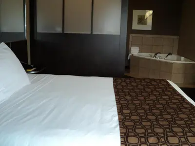 a large bed in a hotel room with a bath tub at Microtel Inn & Suites Mansfield PA in Mansfield