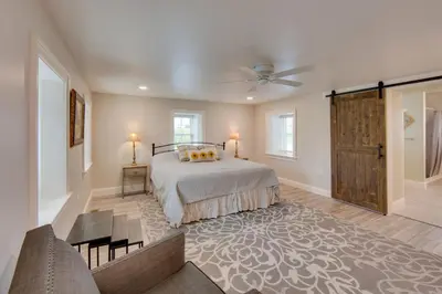 a bedroom with a bed and a ceiling fan at Patio and Yard Newly Built Retreat in Ronks! in Ronks