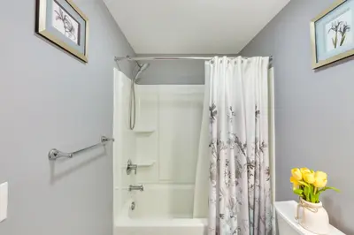 a bathroom with a shower curtain and a tub at Mountville Rental with Private Patio and Gas Grill! in Mountville