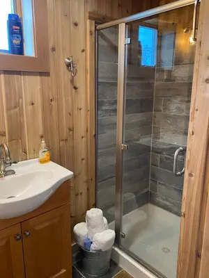 a bathroom with a shower and a sink at French Woods Farmhouse Bed & Breakfast in Hancock