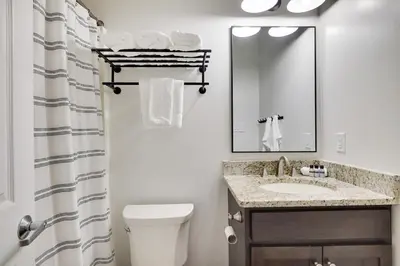 a bathroom with a sink and a toilet and a mirror at The Oasis at Arrowhead in Arrowhead Lake