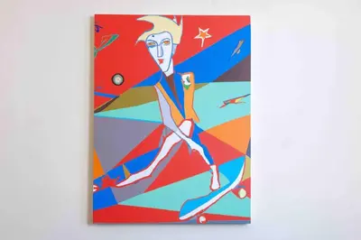 a painting of a woman sitting on a skateboard at Spacious Oasis - Hoboken California King Bed! in Hoboken