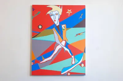 a painting of a woman with a skateboard at Wonderful stay – Heart of Hoboken in Hoboken