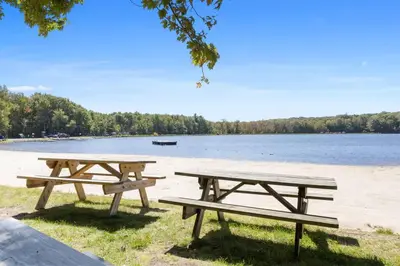 two picnic tables sitting on the shore of a lake at Rustic Luxury in the Pocono Mountains - Stag Lodge in Pocono Lake