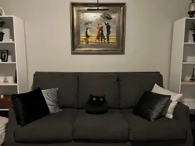 a black cat sitting on a couch in a living room at Little France Phillipsburg in Phillipsburg