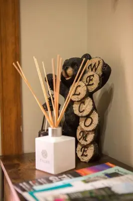 a teddy bear sitting on a table next to sticks at Luxury getaway in woods, Jacuzzi, Hot Tub, Pool in Bushkill