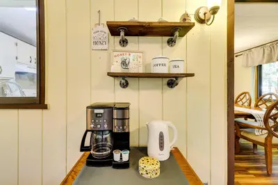 a coffee maker on a counter in a kitchen at Hike, Swim, Ski and More Home in Arrowhead Lakes! in Pocono Lake