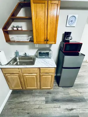a kitchen with a sink and a refrigerator at Van Buren Gem 2.0 in Newark