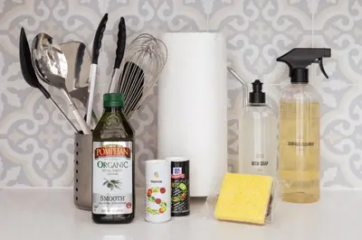 a counter with bottles of soap and other kitchen items at Sosuite at The Vine - Old City in Philadelphia