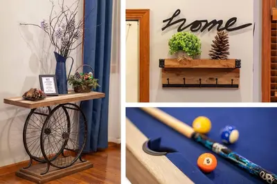 a collage of pictures with a home sign and a shelf with plants at Harmony Hill Stylish 4bd Mountain Retreat, Hot Tub, Games in Bushkill