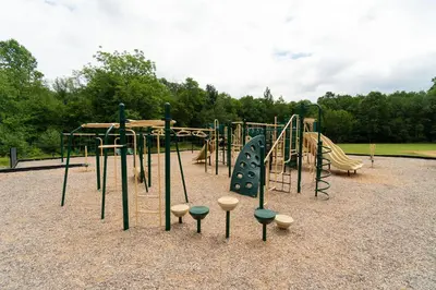 a park with a playground with a slide at Harmony Hill Stylish 4bd Mountain Retreat, Hot Tub, Games in Bushkill