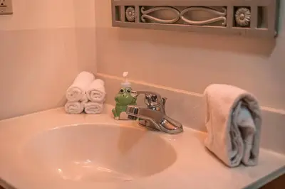 a bathroom sink with towels and a toy frog on it at Cheerful Chalet - Fireplace, BBQ, Firepit& Hottub in Long Pond